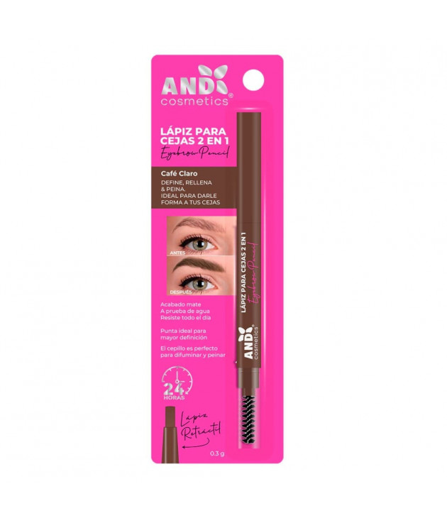Lápiz retráctil 2 en 1 para cejas café claro AND Cosmetics
