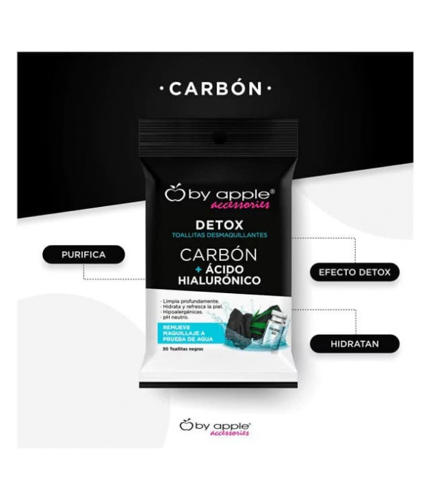 Toallita desmaquillante con 30 pz con carbón y ácido hialurónico by apple