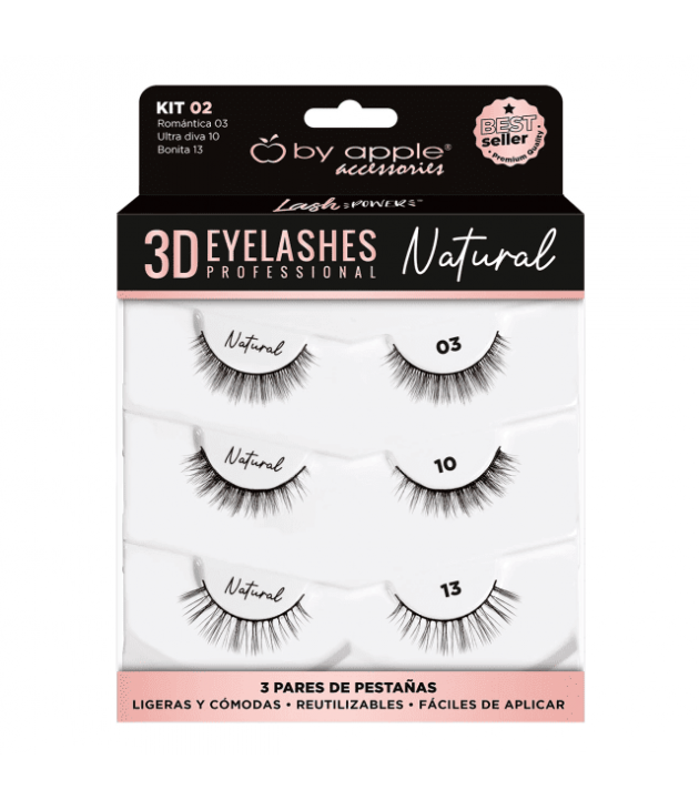 Kit 02 de pestañas postizas 3D naturales by apple